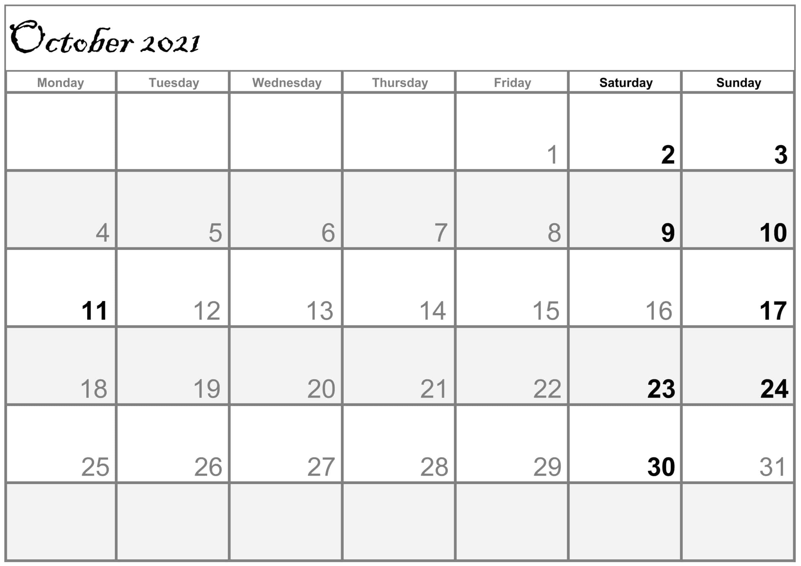 Excel October 2021 Calendar free