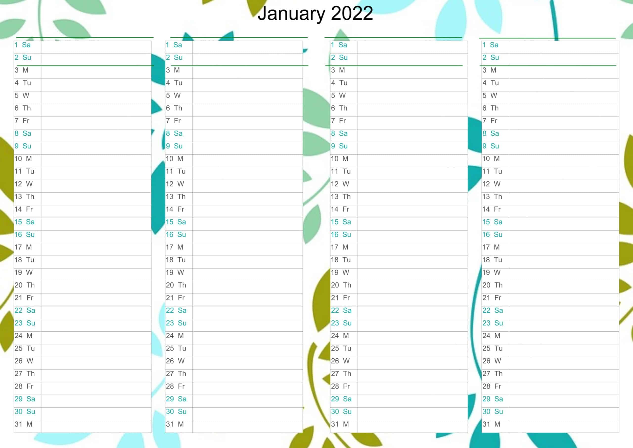 January Calendar 2022 Excel free