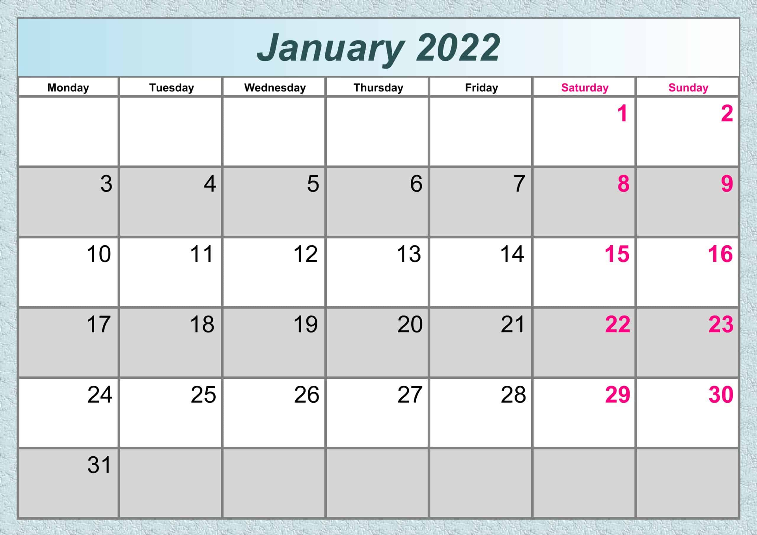 January Calendar 2022 Excel