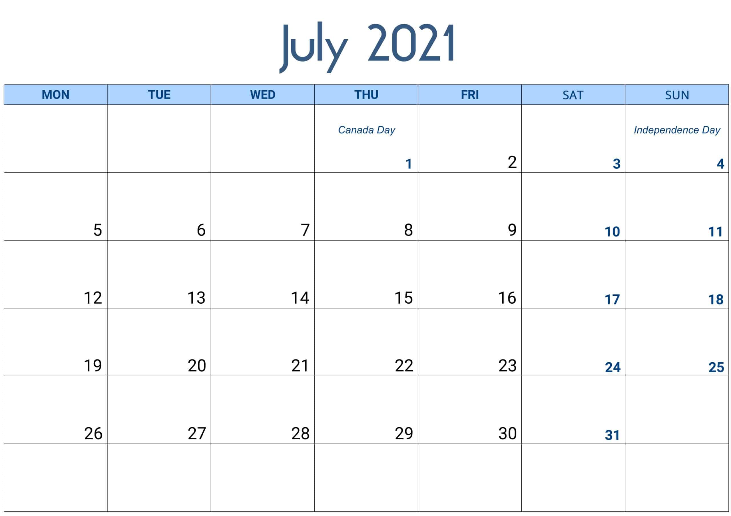 July 2021 Calendar Excel