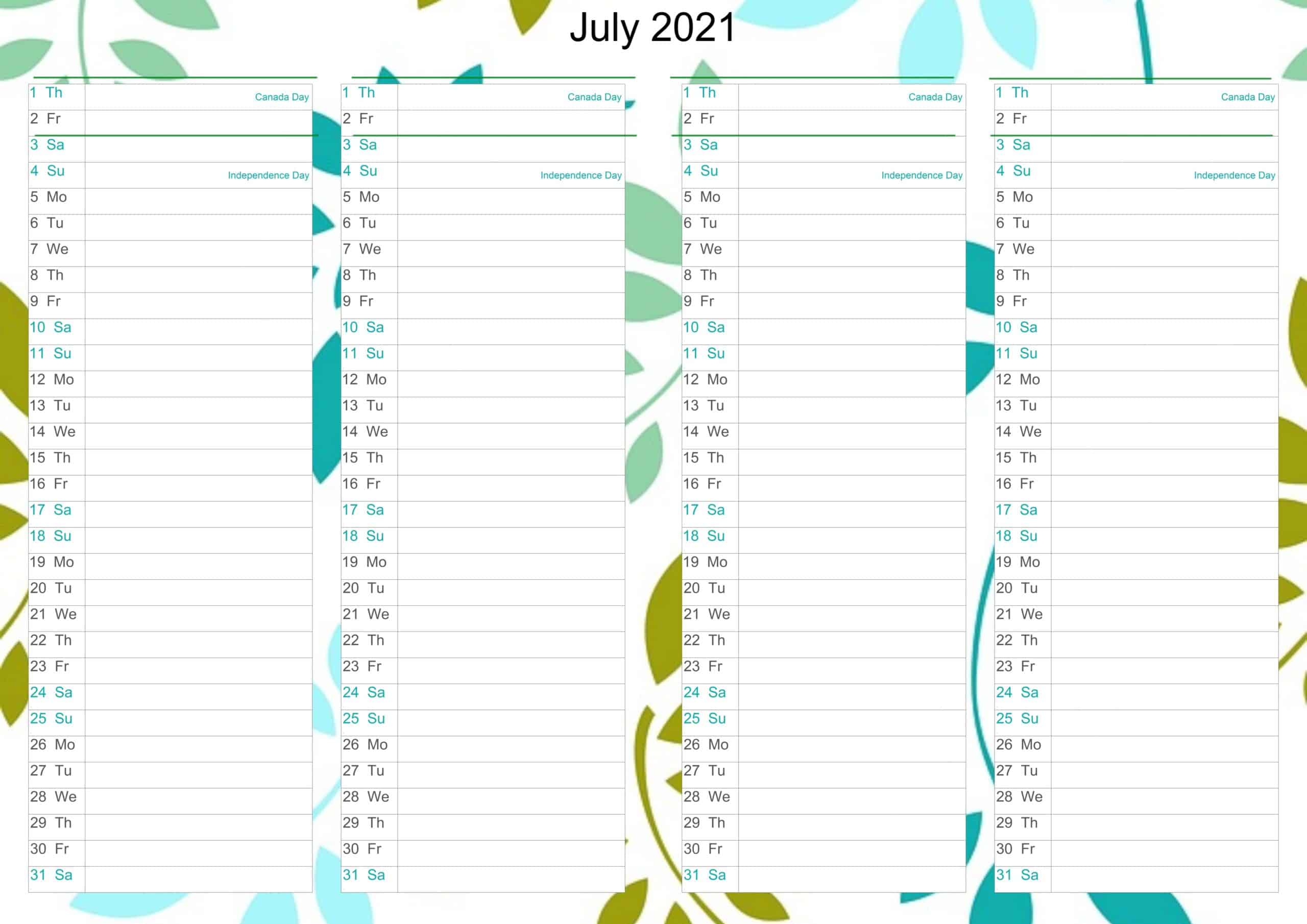 July Calendar 2021 Excel free