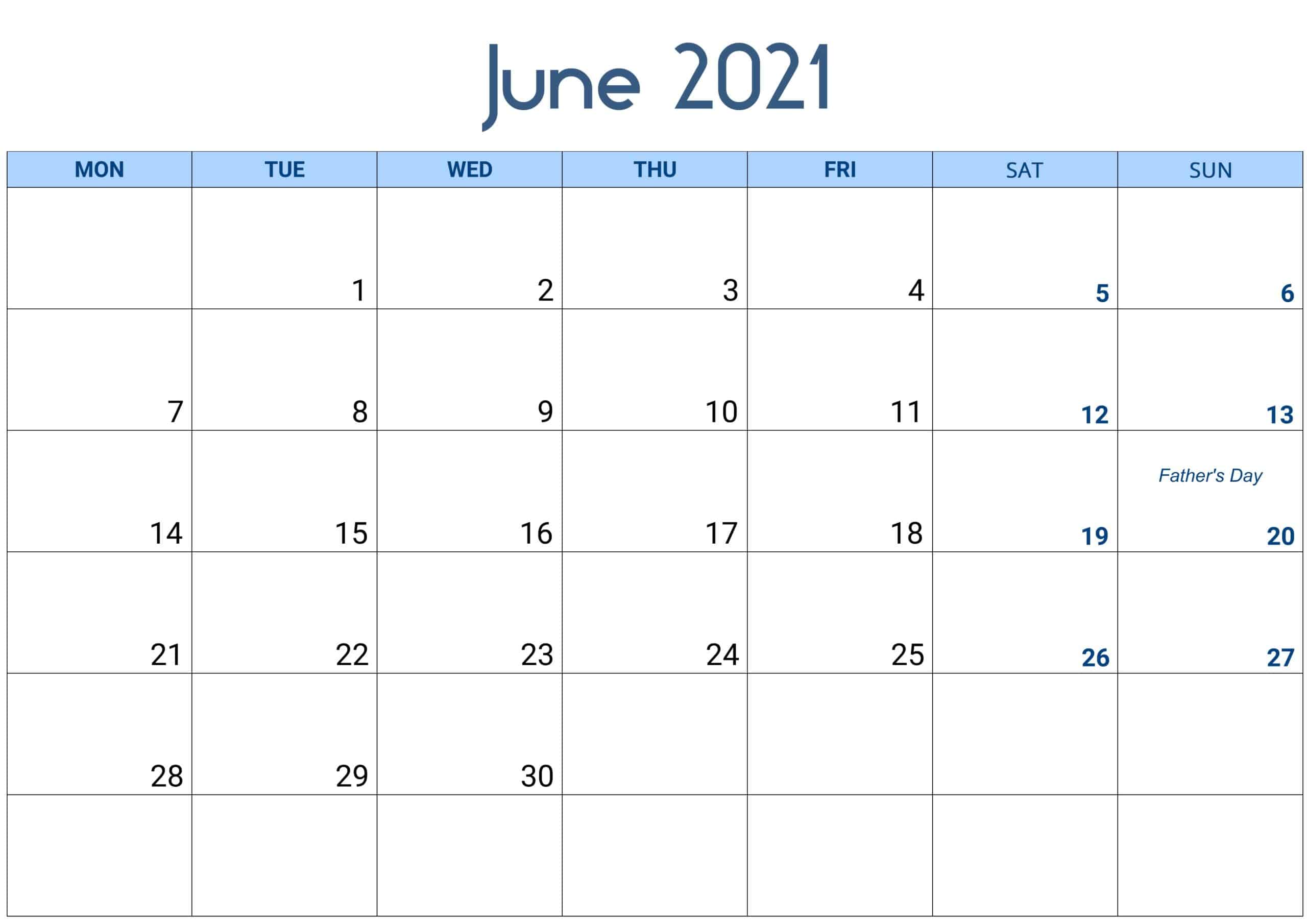June 2021 Calendar Excel