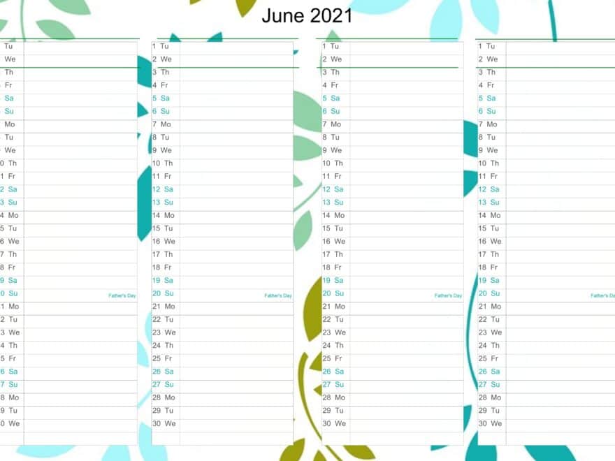 June Calendar 2021 Excel free