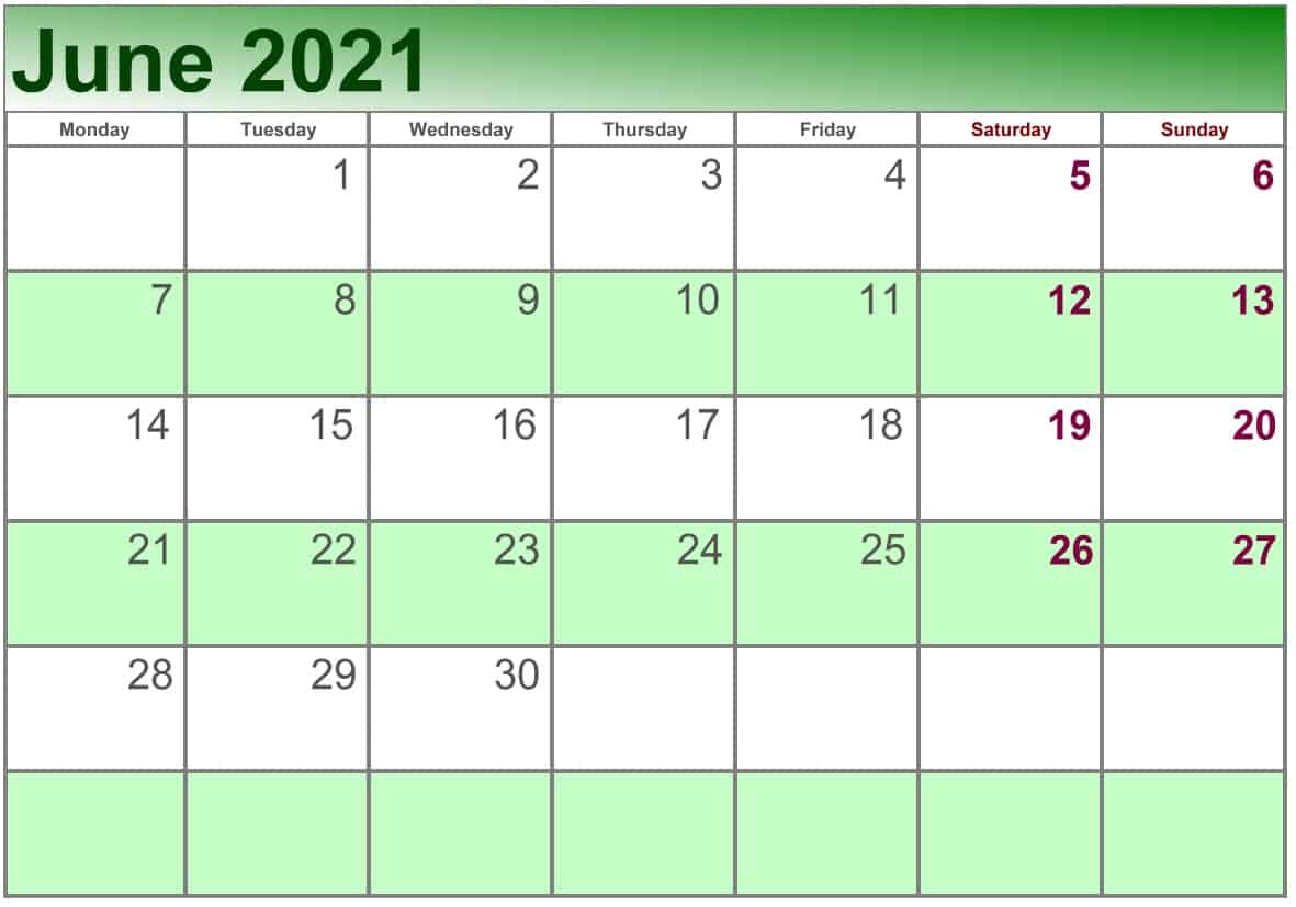 June Calendar 2021 Excel print
