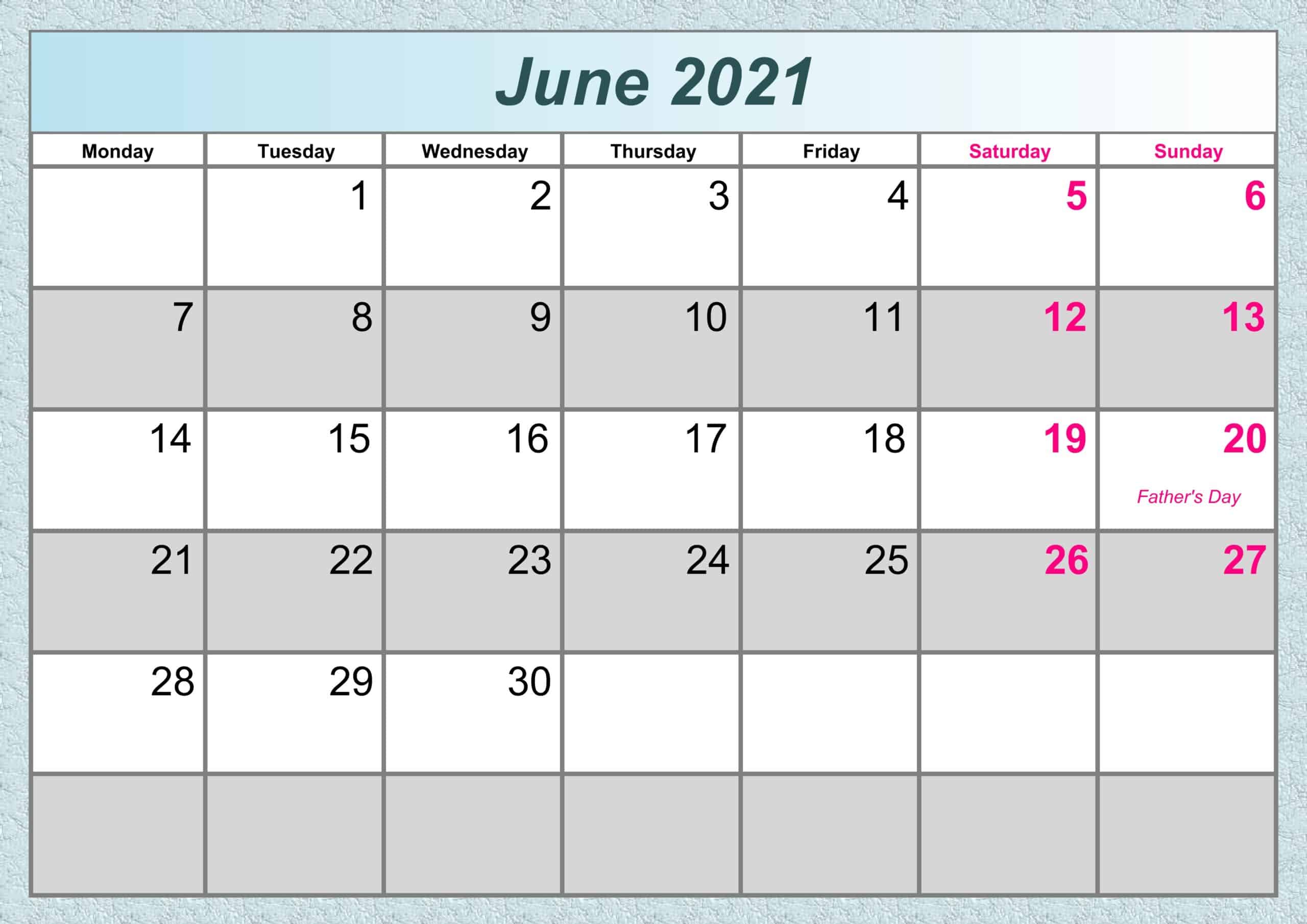 June Calendar 2021 Excel