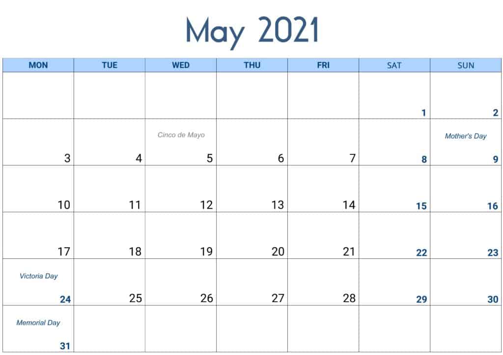 Printable May 2021 Calendar With Holidays Free Printable Calendar