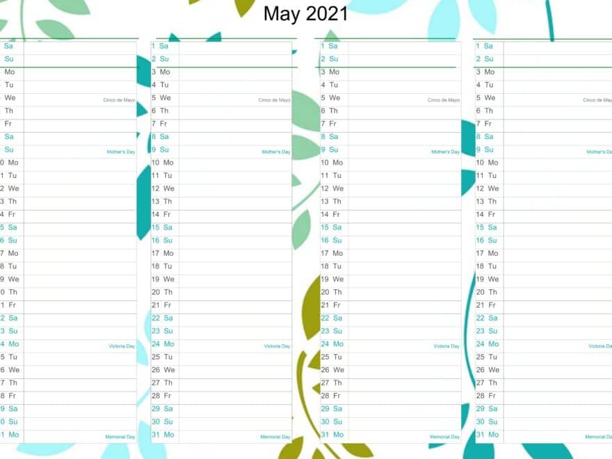 May Calendar 2021 Excel free
