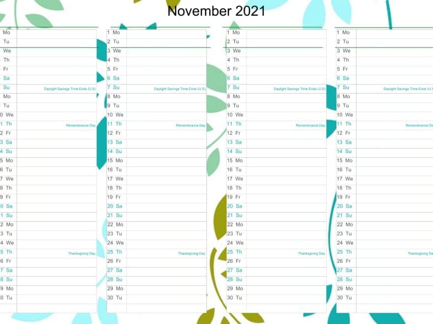 November Calendar 2021 Excel free
