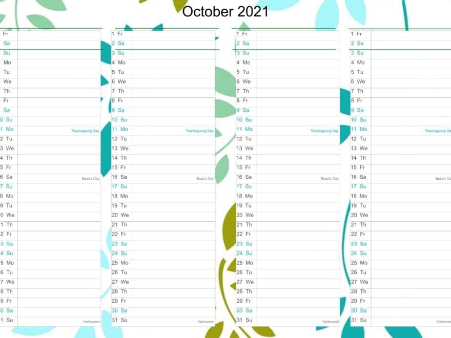 October Calendar 2021 Excel free
