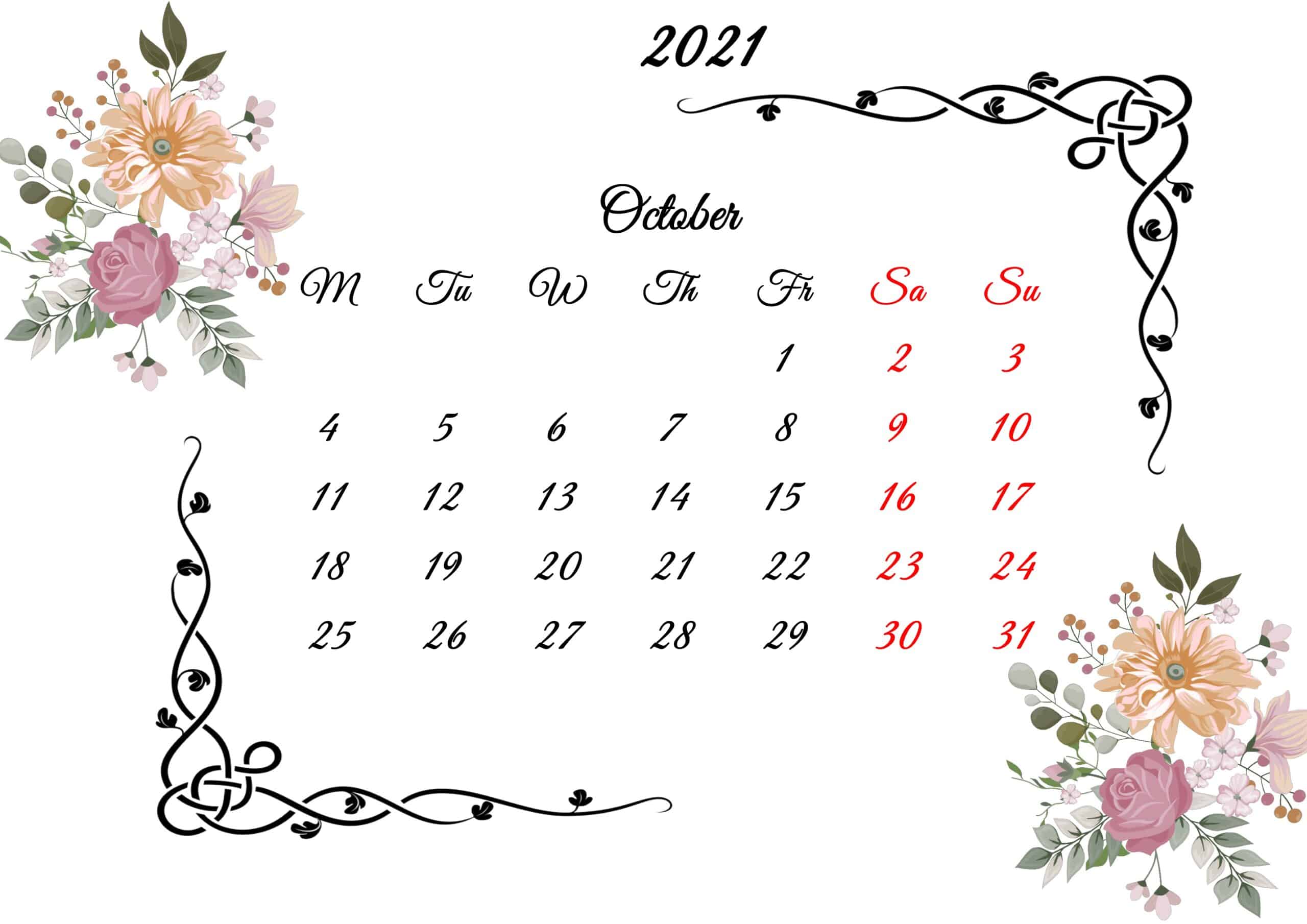 October Calendar 2021 Printable