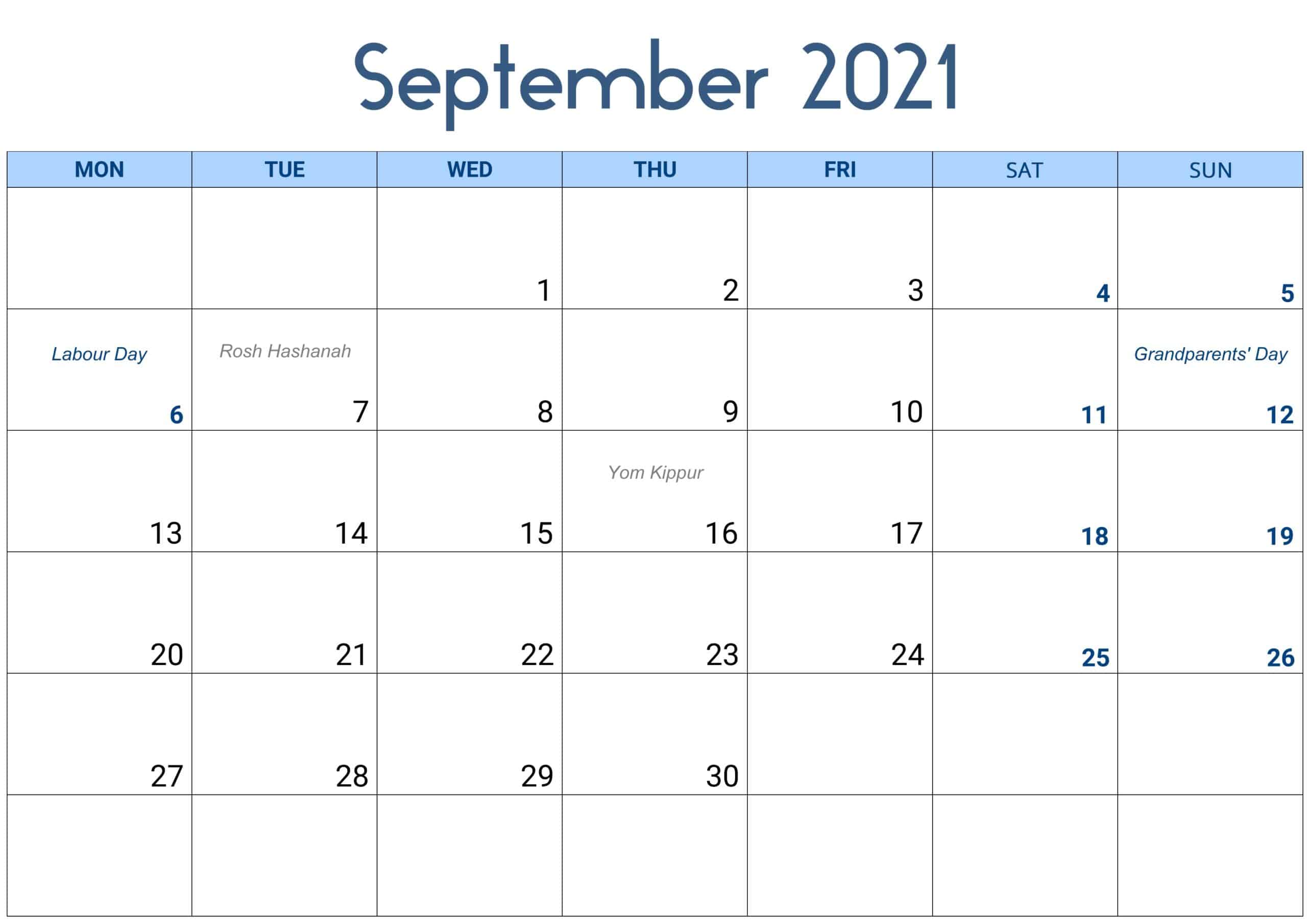 September 2021 Calendar Excel