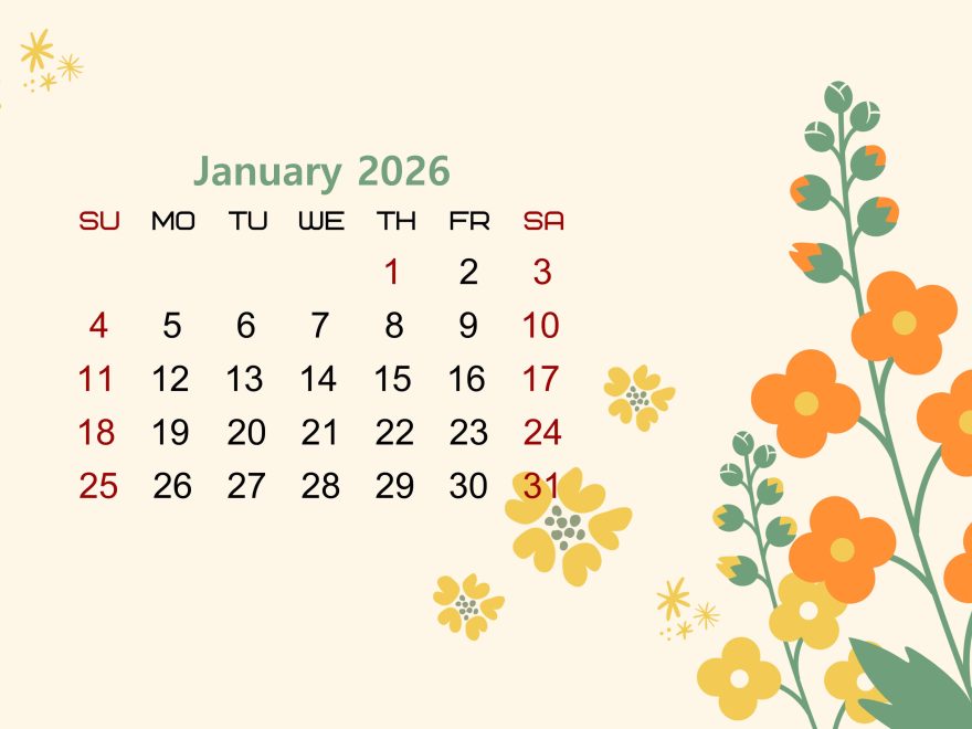 Floral Printable calendar for January 2026