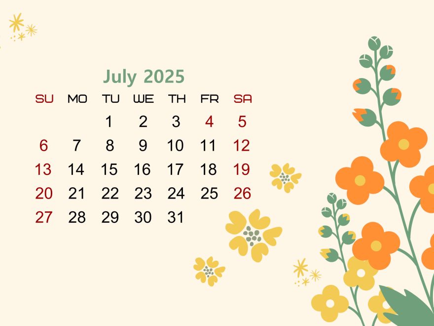 Floral Printable calendar for July 2025