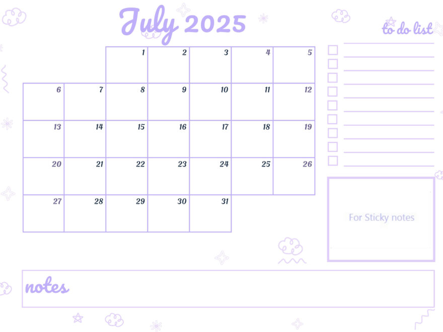 Printable calendar with notes for July 2025