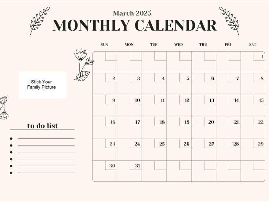 Printable calendar with notes for March 2025