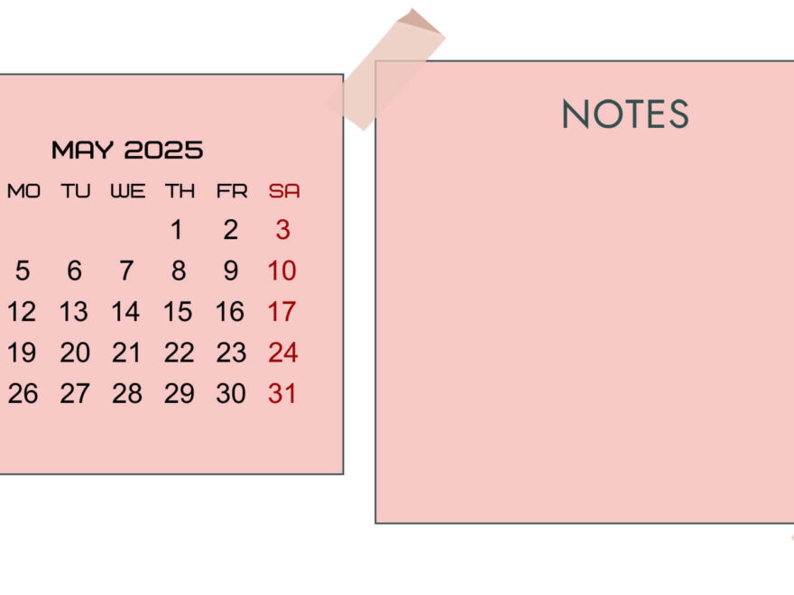 Printable calendar with notes for May 2025